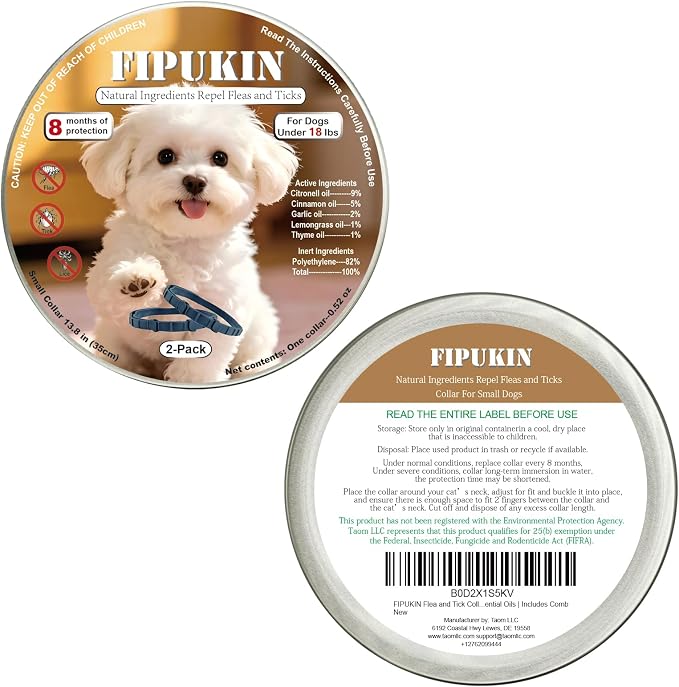 Flea and Tick Collar for Small Dogs, 2‑Pack | 8‑Month Waterproof Protection with Natural Essential Oils | Includes Comb