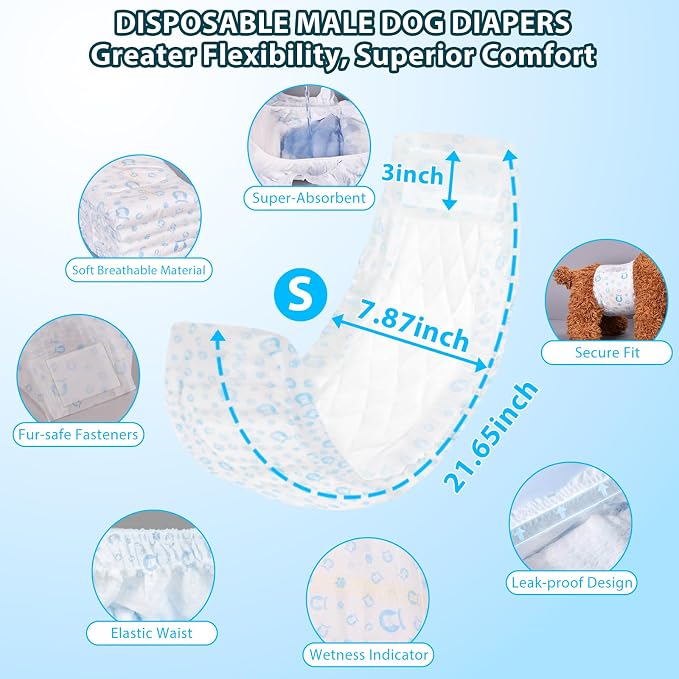 Dog Diapers Male 100Ct, Male Dog Diapers Disposable with Wetness Indicator, Adjustable Puppy Diapers, Super Absorbent & Breathable Male Dog Wraps, 360 ° Leak-Proof for Incontinence & Marking, S