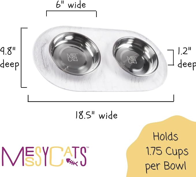 Messy Cats Double Silicone Feeder with Stainless Saucer Shaped Bowl | Anti-Slip Non-Skid Cat Food Bowls | Two Cat Bowls in Feeding/Water Station | 1.75 Cups per Bowl (Marble)
