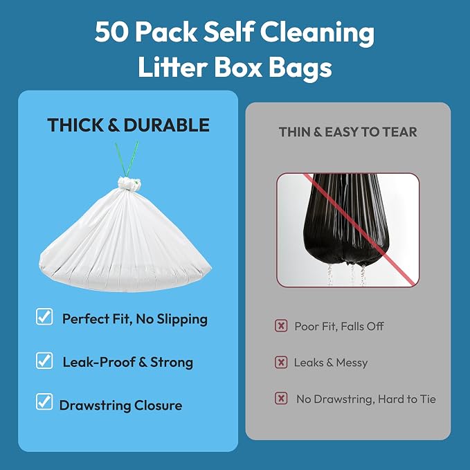 50 Pack Litter Box Liners, Compatible with PetSafe ScoopFree OpenSky Automatic Litter Box, Large Capacity Waste Bin Liners, Heavy Duty, Thick Drawstring Refill Bags, 25.39" x 12.6"