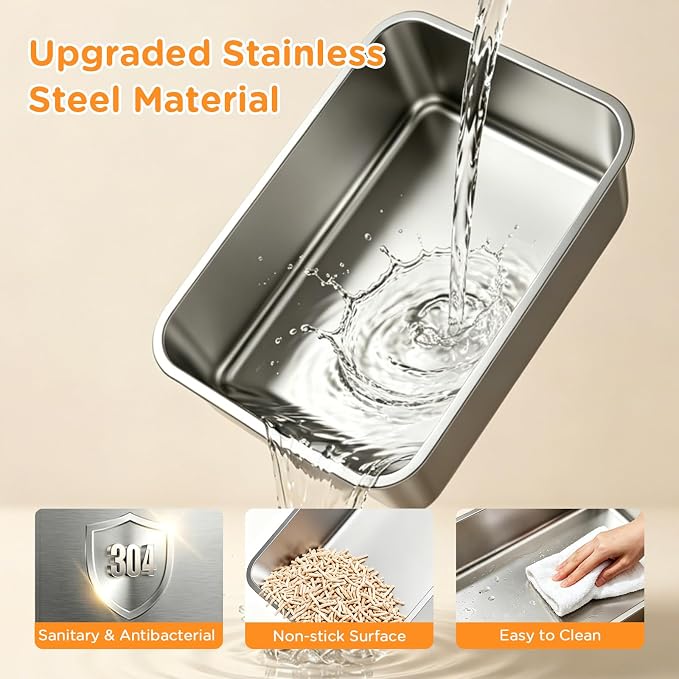 Aphyxen 2Pack XL Stainless Steel Litter Box with High Sides Shield for Multi Cats, 23 "L x 14.61 "W x 9.9 "H Open Top Cat Box for Big Cats, Anti-Leak Non-Stick Odor Control, 2 Scoops, Dark Grey