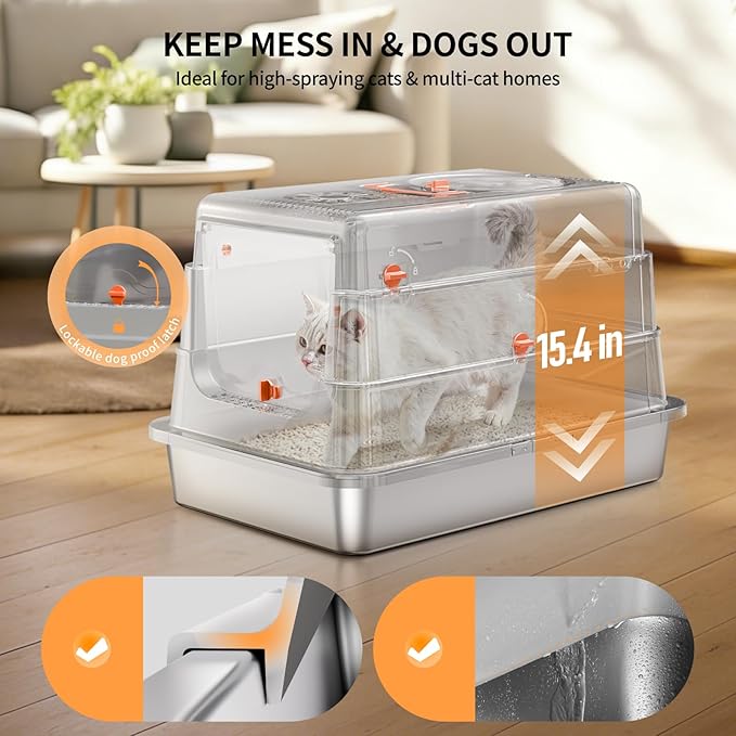 Stainless Steel Cat Litter Box with Lid, Extra Large Enclosed Metal Litter Pan with High Sides, Full Flip Cover Litter Box for Large Cat, Include Scoop & Step, Leak Proof Easy Clean Odor Control, Grey