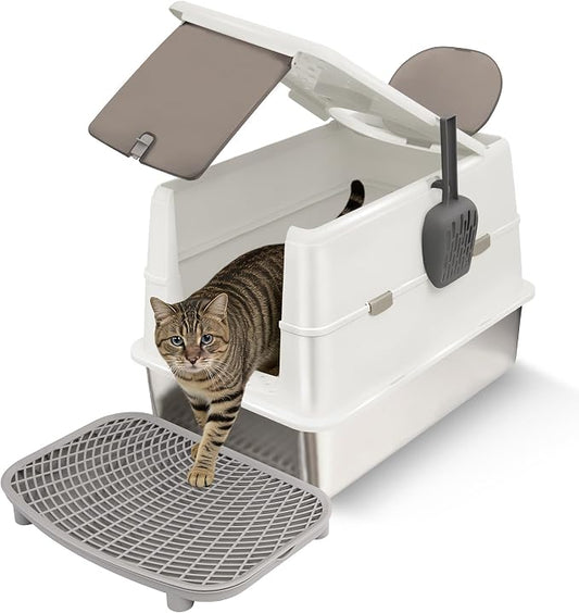 Extra Large Stainless Steel Cat Litter Box with 120° Lid for Multiple Cats, Enclosed Top Entry Litter Box High-Sided Anti-Leak Litter Box, Dog Proof Litter Boxes with Litter Step & Scoop