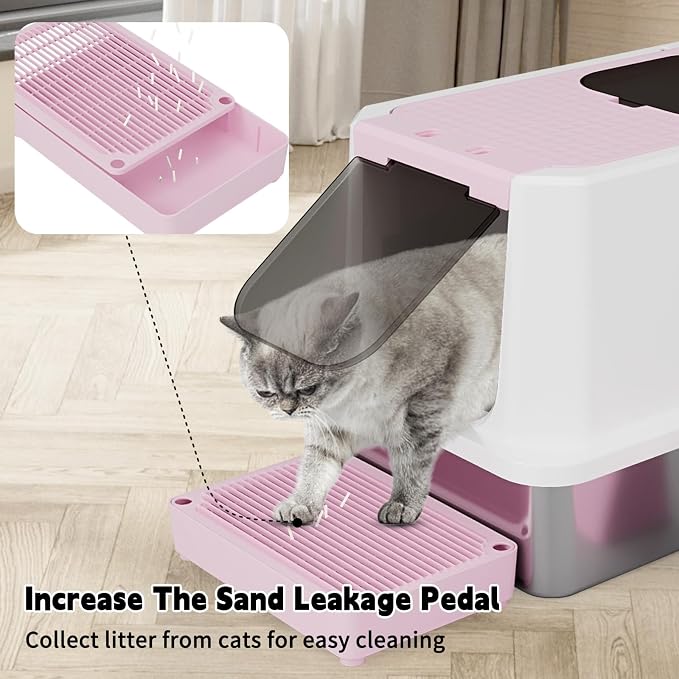 RIZZARI Large Enclosed Stainless Steel Cat Litter Box – Top & Front Entry, High-Sided Anti-Tracking Non-Stick Pan with Odor Control for Bedrooms, Living Rooms & Indoor Spaces