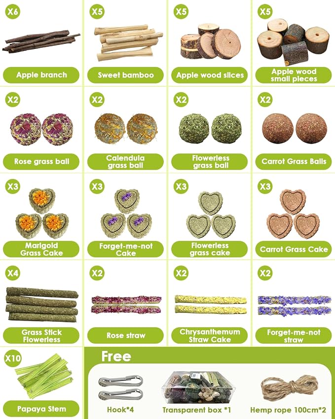 DIY Rabbit Chew Toys,Rabbit Toy for Bunnies Boredom Bunny Toys for Teeth, Timothy Stick, Apple Sticks, Sweet Bamboo, for Guinea Pig, Hamster, Chinchilla, Rat, Small Animals