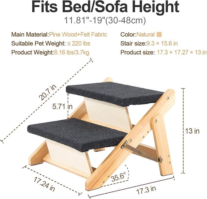MEWANG Wood Pet Stairs & Ramp for Small/Medium Dogs and Cats, Aging Pets – 2-in-1 Foldable, Portable, Non-Slip Pet Ladder for Tall Beds, Couches,Cars–Holds Up to 220 lbs (17.3" L x 17.2" W x 13.0" H)