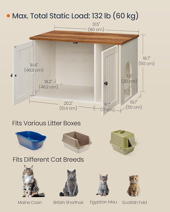 SONGMICS HOME Litter Box Enclosure, Snapsemble Superfast Assembly, Cat Litter Box Furniture, Push-to-Open Doors, Indoor Cat House, Rustic White and Honey Brown UPCL233WJ04S