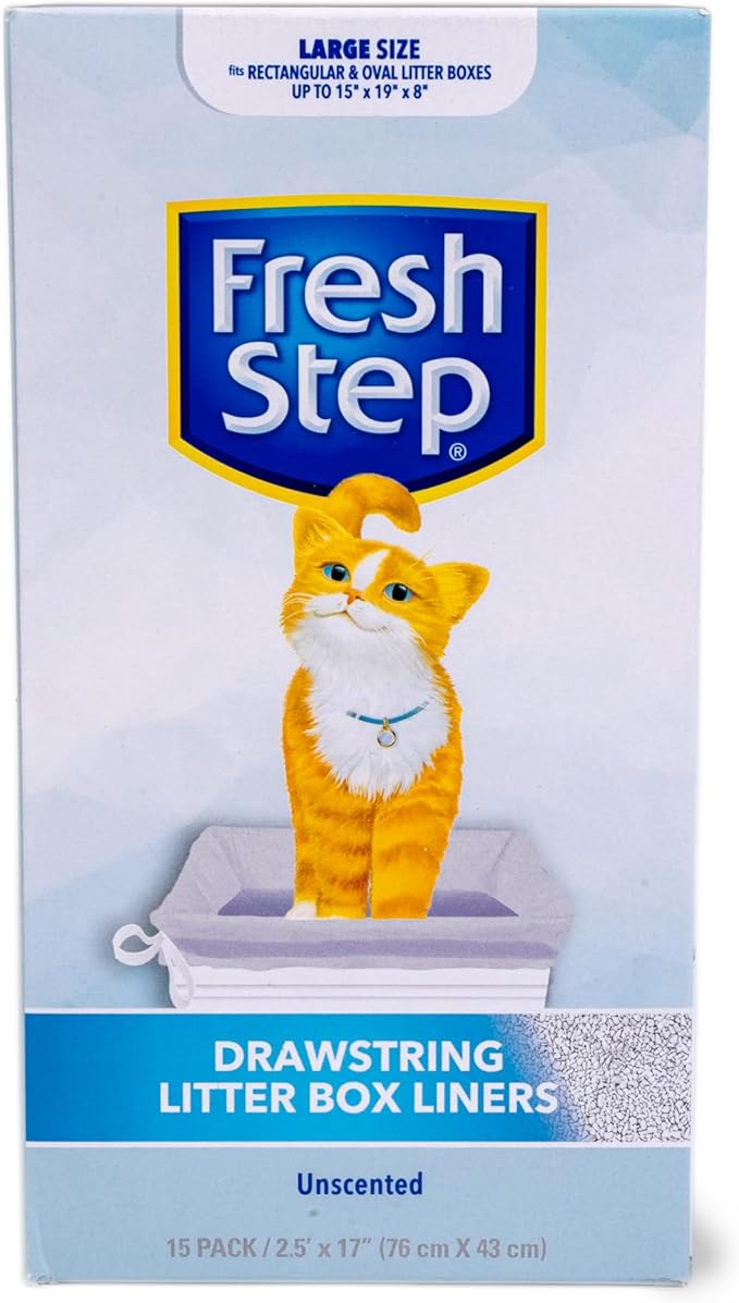 Fresh Step Drawstring Cat Litter Box Liners Unscented Heavy Duty Kitty Litter Bags Large Oval or Rectangle Pans Contains Odor and Mess Easy Lift Out Cleanup 30 x 17 IN 15 Count 12 Pack