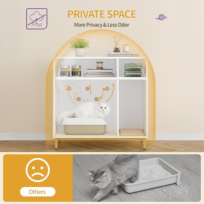 Hzuaneri Large Cat Litter Box Furniture, Hidden Litter Box Enclosure with Storage, Wooden Cats Cabinet with Sisal Mat, Modern Cat Washroom, End Table for Living Room Entryway, White and Gold CB87603G
