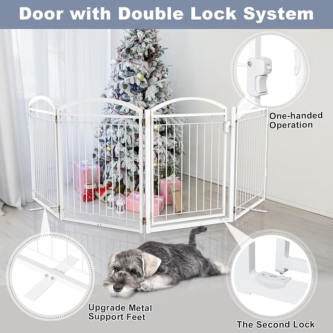 Full Metal Free Standing Dog Gate with Door for Outdoor Indoor,96'' Extra Wide 36'' Tall Dog Gates for Doorways,Large Openings,Decks,Porch,Freestanding Portable Pet Fence(4 Panels,White)
