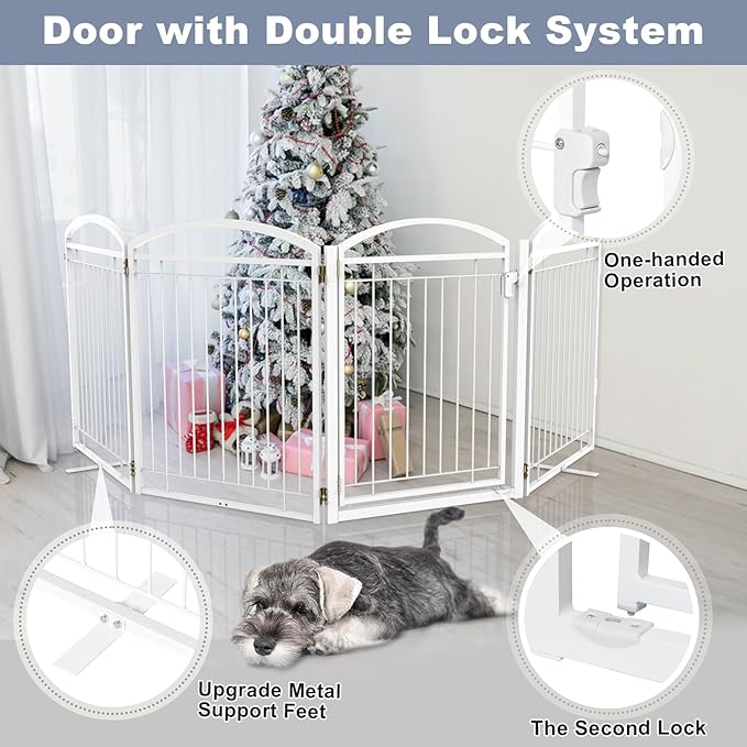 Full Metal Free Standing Dog Gate with Door for Outdoor Indoor,96'' Extra Wide 32'' Tall Dog Gates for Doorways,Large Openings,Decks,Porch,Freestanding Portable Pet Fence(4 Panels,White)