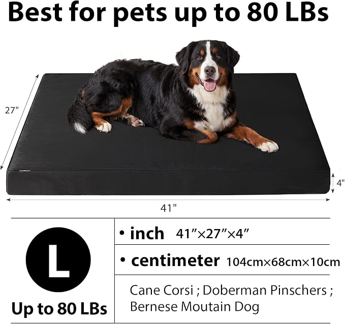 RRPETHOME 4" Indestructible Chew Proof Dog Beds for Aggressive Chewers,Durable Waterproof Fabic Chew Resistant Crate Dog Bed for Puppy Teething & Active Dog, Orthopedic Egg Foam（Black 41x27x4）