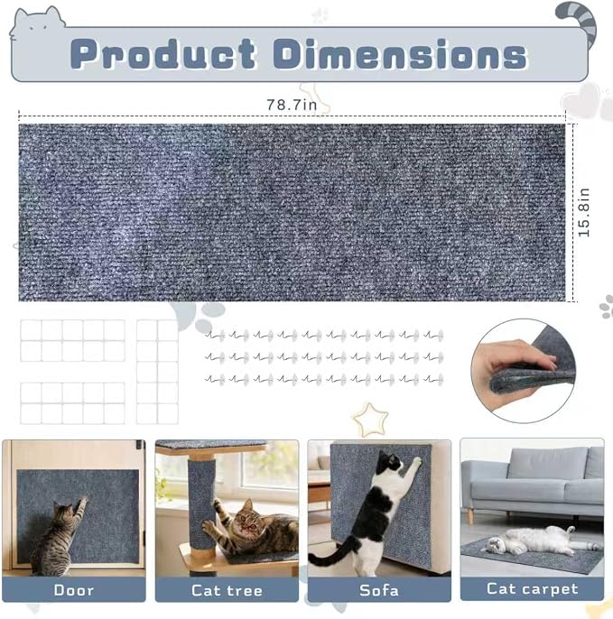 78.7"X15.8" Cat Scratch Furniture Protector, Anti Scratch Couch Protector from Cat Claws, Self-Adhesive Cat Scratching Pads, DIY Couch Cat Scratcher for Corner Sofa Wall & Door (Gray)