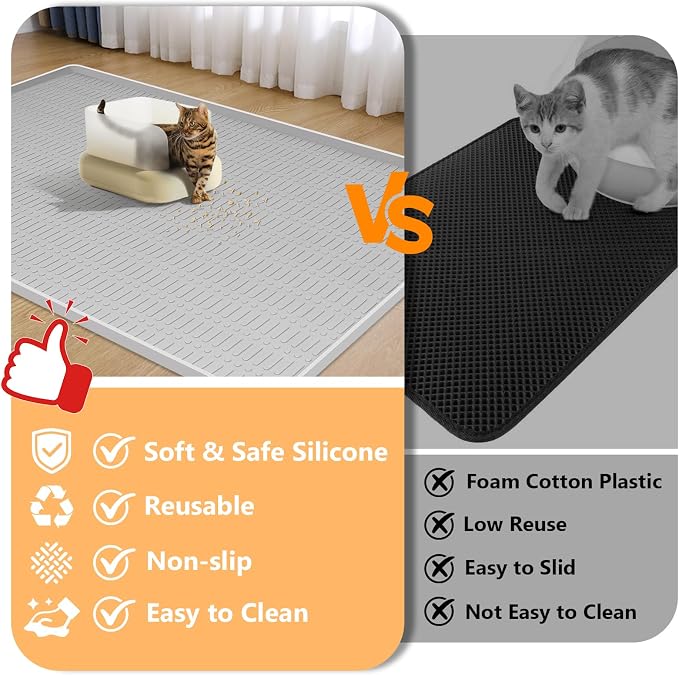 Silicone Cat Litter Mat, 47" x 35" Extra Large Litter Trapping Mat for Litter Box, Leak-Proof, Non-Slip, Kitty Litter Mats with Soft Texture for Floor, Keeping The Floor Clean (Light Grey)