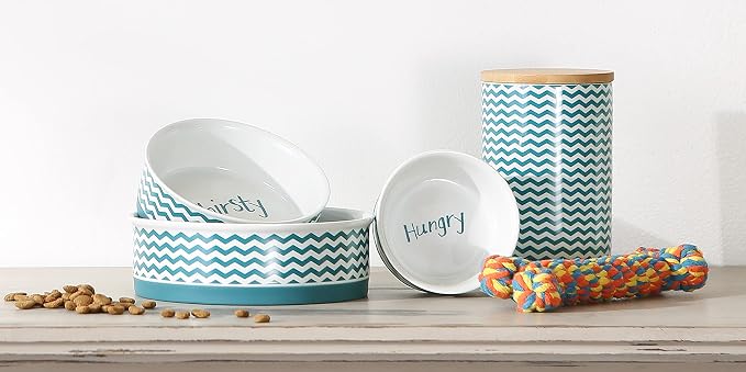 Bone Dry Ceramic Pet Collection Chevron, Small Set, 4.25x2, Teal, 2 Piece