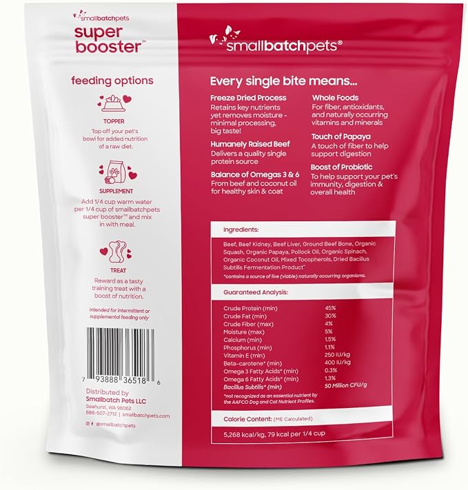 smallbatch Freeze Dried Dog Treats, Superfood Food Topper Beef Bites for Dogs & Cats, Probiotics, Organic Ingredients, High Protein, Grain Free Healthy Treat Food Topper, Made in the USA, 18 oz Bag