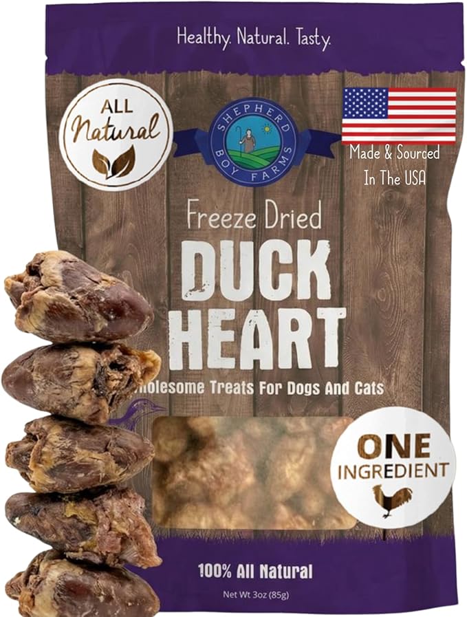 Shepherd Boy Farms Freeze Dried Dog and Cat Treats, Duck Heart, All Natural Freeze-Dried Dog Treat & Snack, Made in USA, High in Protein, Essential Nutrition of Raw Food, Single Ingredient 3oz