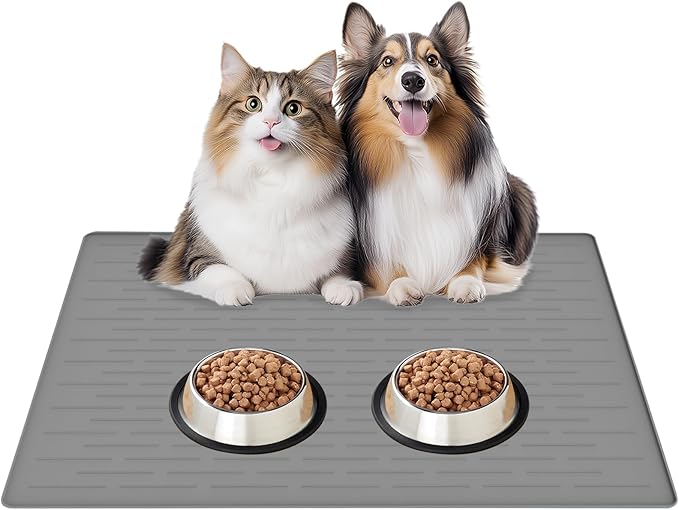 32"x24" Large Silicone Pet Feeding Mat, Waterproof Non-Slip Dog and Cat Bowl Mat for Food & Water, Durable Floor Protector to Prevent Spills, Easy to Clean, Light Gray