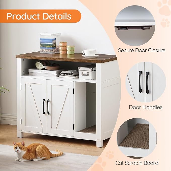 HOOBRO Cat Litter Box Enclosure, Farmhouse Hidden Litter Box with Scratch Pad, Litter Box Furniture with Storage Layer, End Side Table,White and Walnut, WH24MW01