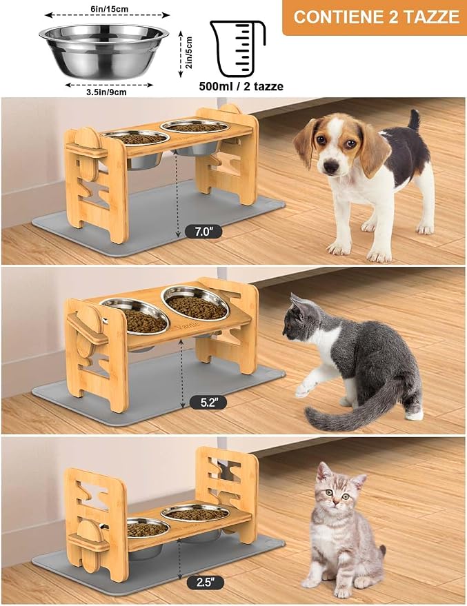 Vantic Elevated Dog Bowls with Mat, Adjustable Raised Dog Bowl Stand for Small Puppy and Cats, Sturdy Bamboo Pet Food Feeder with 2 Stainless Steel Dishes, Natural