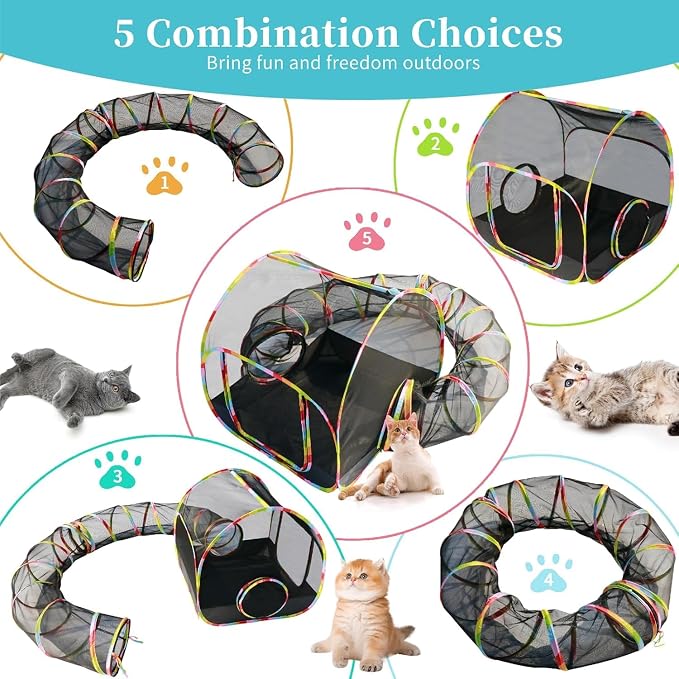 Outdoor Cat Enclosure, 2-in-1 Portable Pop Up Cat Mesh Tent with Tunnel for Cat Run, Easy Set Up and Foldable Catio Playground for Indoor Cats, Rabbits & Small Animals, Includes Storage Bag