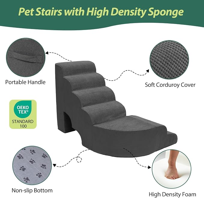 Dog Stairs for High Bed 28-32 Inches Tall, 6 Tier Non-Slip Pet Stairs Adjust to Left Side of Bed, Dog Steps for Small Dogs, Old Pets, and Injured Dogs, Dark Gray