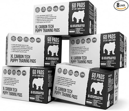 Bulldogology Carbon Black XL Dog Pee Pads with Adhesive Sticky Tape Extra Large Charcoal Housebreaking Dog Training Wee Pads Leak Proof Absorbent 480 Count 24" x 35"