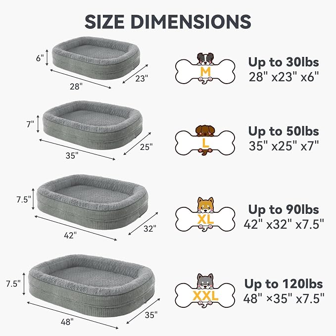 JOEJOY Orthopedic Dog Beds Large Sized Dog, Egg-Crate Memory Foam Pet Couch Bed with Bolster Sides, Waterproof Lining, Removable Washable Cover & Non-Slip Bottom, Light Grey