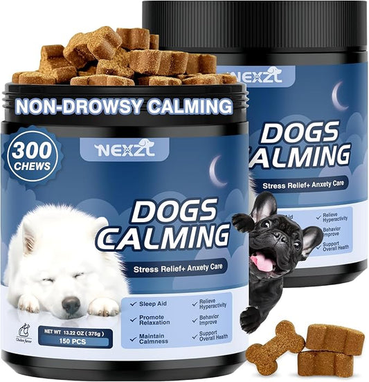 Calming Chews for Dogs 300 Treats, Melatonin for Dogs, Anxiety Relief and Stress Chews, Sleep Aid for Small/Medium/Large Dogs - Fireworks Barking, Thunder, Separation Vet Approved Chicken Flavor