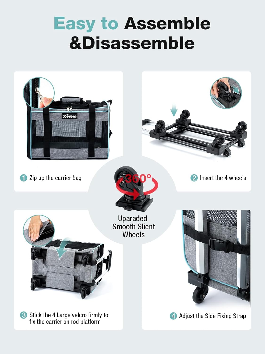 Dog Cat Carrier with Wheels, Airline Approved Pet Carrier for Cats Dogs 15lbs 20 lbs with Double-Sided Mat, Safety Leash and Shoulder Strap, Grey