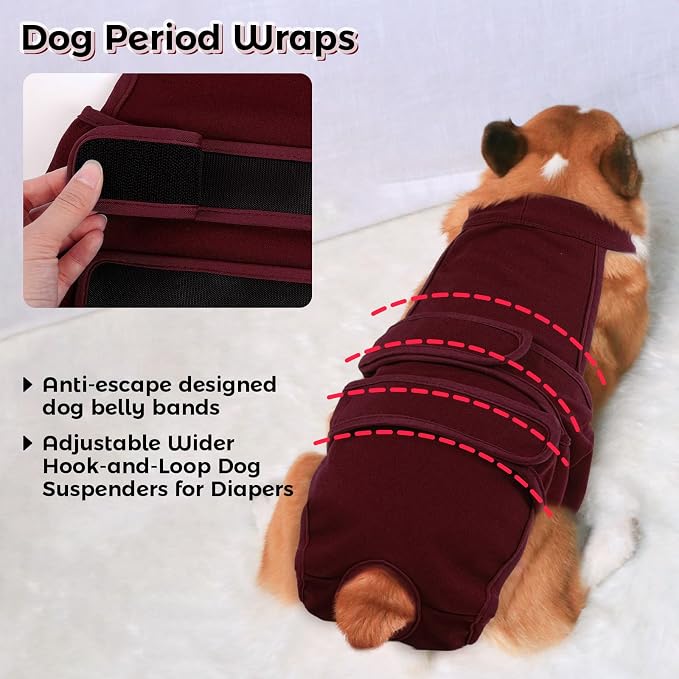 QBLEEV Female Dog Diapers with Adjustable Suspenders – Washable Sanitary Panties for Dogs in Heat or Incontinence, Escape-Proof Reusable Pet Period Underwear Onesie for Small to Large Breeds