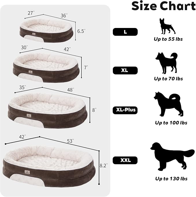 Orthopedic Dog Bed Couch for XLarge Plus Sized Pets with Egg Foam Support, Four-Sided Bolster Cushions, Soft Tear-Resistant Fabric, and Removable Machine Washable Plush Cover, 48'', Brown