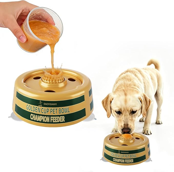 Golden Cup Slow Feeder Dog Bowls for Liquid Treat, Textured Spherical lid Integrated Anti-Slip Base, Yogurt Bone Broth Lick mat Dog Toy Prevent Accidental Ingestion Assist Digestion, slowing Feeding