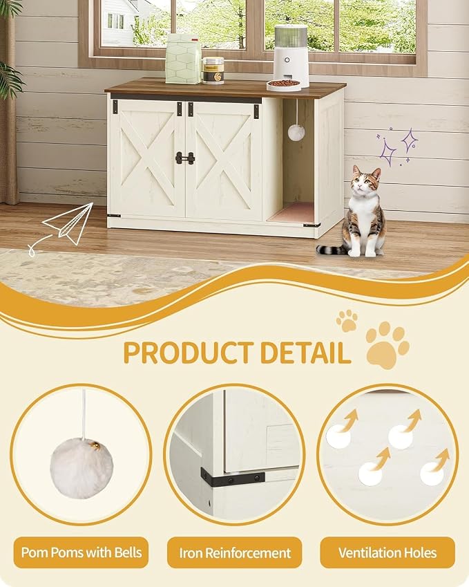 Hzuaneri Cat Litter Box Enclosure, Hidden Litter Box Cabinet Furniture with Bell, Indoor Cats House, Farmhouse Style, 39.4 x 21.7X 24.8 Inches for Hallway, Bedroom, Rustic Brown and White CB85214X