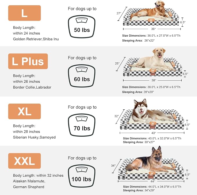 Large Dog Bed Orthopedic Washable: Beds Bolster XL Bed Large Big Dogs Egg Crate Foam Couch Sofa Waterproof with Removable Cover - Dark Grey Grid
