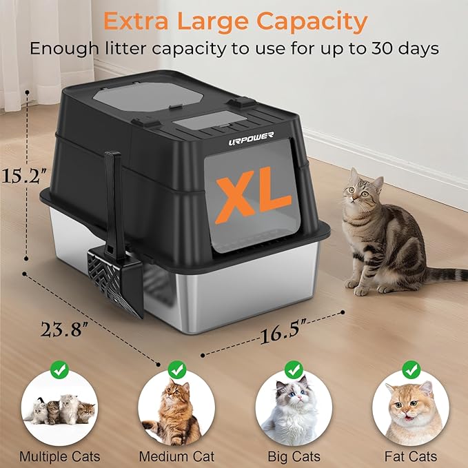 URPOWER Stainless Steel Cat Litter Box with 110° Flip-Top Lid, XL Enclosed Metal Litter Box for Large Cats, Odor Control, Anti-Urine Leakage, Non-Stick Pan, Front Entry Top Exit, Scoop & Mat Included