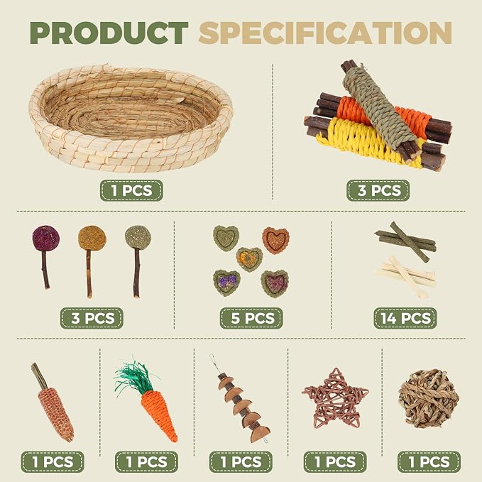 Rabbit Toys Chew Treats Guinea Pig Bed, Bunny Chew Toys Timothy Hay Bamboo Chew Sticks, Grass Ball Carrot Corn Lollipop Toys for Rabbits Guinea Pigs Chinchillas Hamsters Teeth Grinding