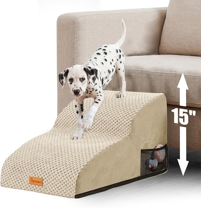 Topmart High Density Extended Foam Dog Ramp&Steps 2 Tiers,11.8" High,Non-Slip Dog Stairs,Soft Foam Pet Ladder with Removable Cover,Best for Injured,Older Cats,Pets with Joint Pain for Low Sofas,Stairs