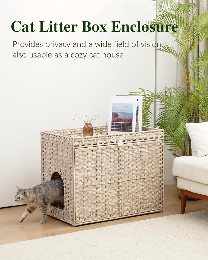 SETVSON Cat Litter Box Enclosure Furniture, Hidden Litter Box, Cat Litter Box Cabinet with 2 Litter Mats, Handwoven Rattan Large Space Cat House Indoor, Living Room, Bedroom, Apartment Light Khaki