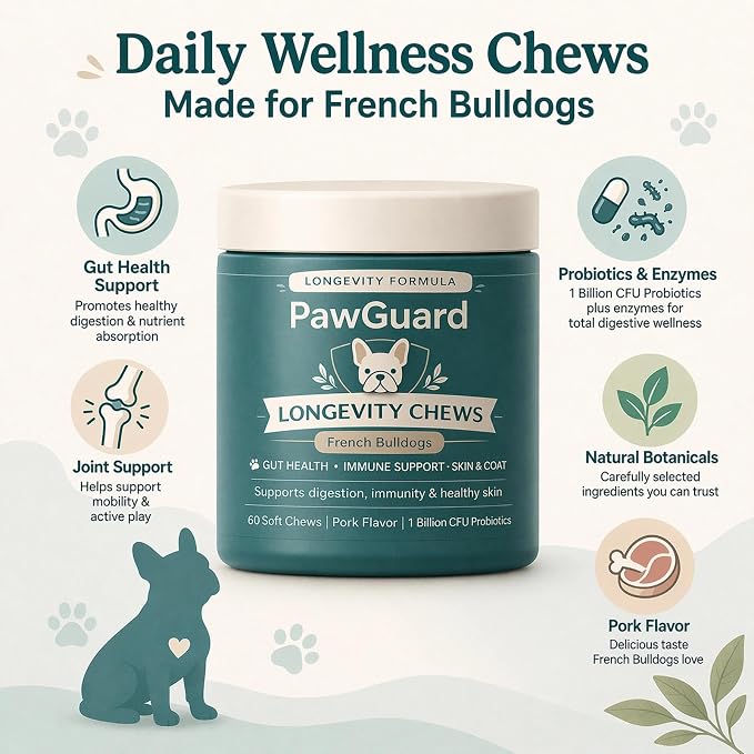 PawGuard French Bulldog Longevity Chews, Breed-Specific Soft Chews for Digestive Health & Immune Support with Probiotics & Digestive Enzymes, Plus Glucosamine & Chondroitin for Joint Support