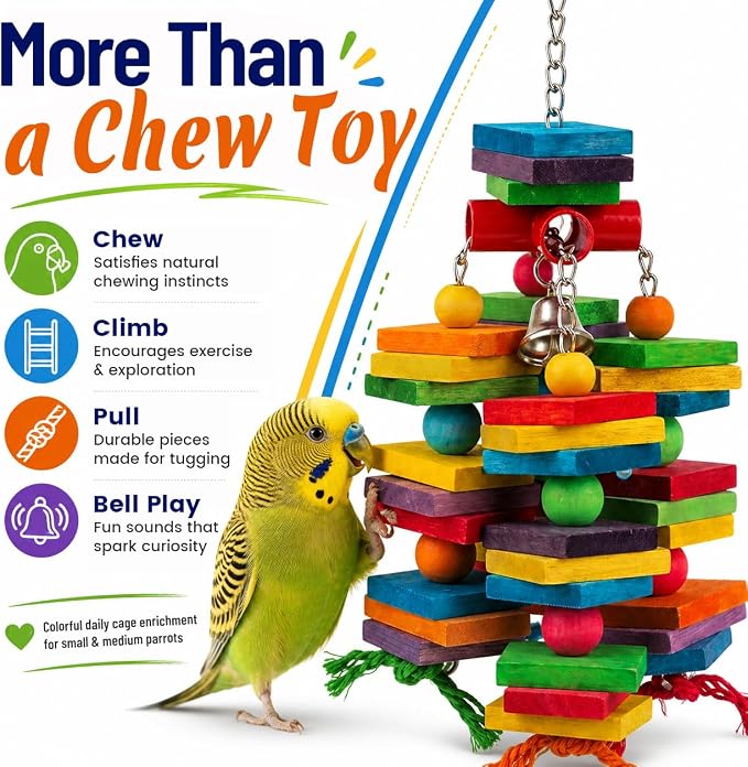 2 Pack Bird Toys Natural Wood Bird Chewing Toy with Heavy-Duty Stainless Steel Chain for Small to Medium Parrot, Cockatiel, African Grey, Amazon Parrot, Conure Bird Cage Accesso