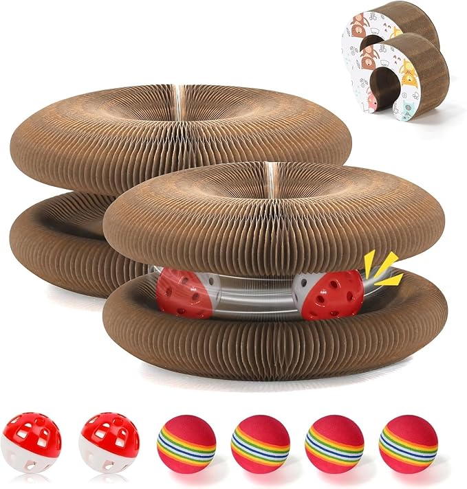 2 PCS Magic Organ Cat Scratcher Board with 6 Balls, Foldable Recyclable Accordion Cats Toy with Ball and Track Adventure, Cat Scratching Pad, Retractable Reversible Furniture Protector(Brown)