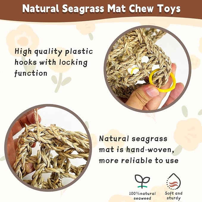 kathson 2 Pcs 29.5 x 7 Inches Large Bird Seagrass Mat, Bird Hammock for cage，Bird Seagrass Woven net，Climbing Rope Ladder with Hooks, Chew Toys for Pigeon Cockatiel Conure Budgie Cockatoo Rat Hamster