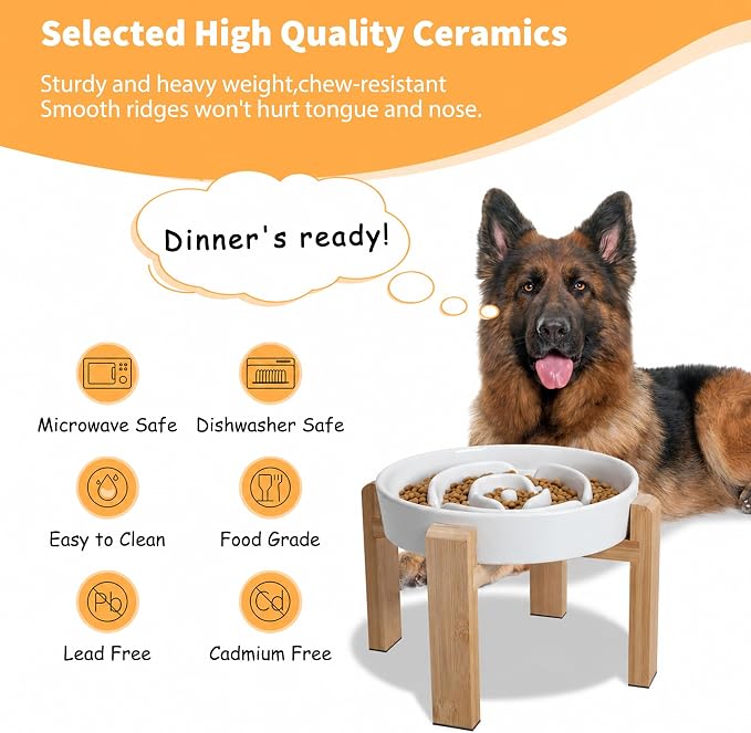 Elevated Slow Feeder Dog Bowl - Ceramic Food Dish with Bamboo Stand - Raised Maze Design - Ideal for Medium to Large Dogs - White - 8.8 inch