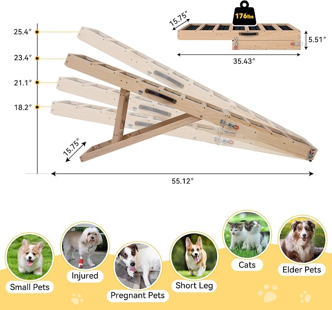 Dog Ramp for Bed, Couch, Car-55 L Gentle Slope Folding Pet Ramp with Non-Slip Surface and Metal Reinforced-High Traction,4 Adjustable Heights 18"-25", Supports 176lbs for Small Medium Large Dogs