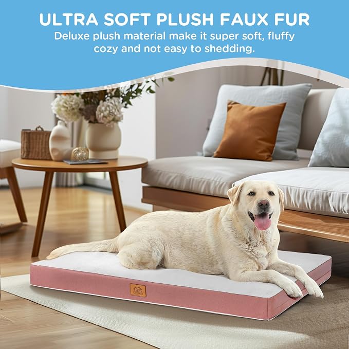 Sunheir Orthopedic Dog Bed for Large Dogs, Waterproof Deluxe Plush Dog Crate Bed with Removable Washable Cover & Anti-Slip Bottom, Egg Crate Foam Pet Bed Mat, 36 x 27 Inches, Pink
