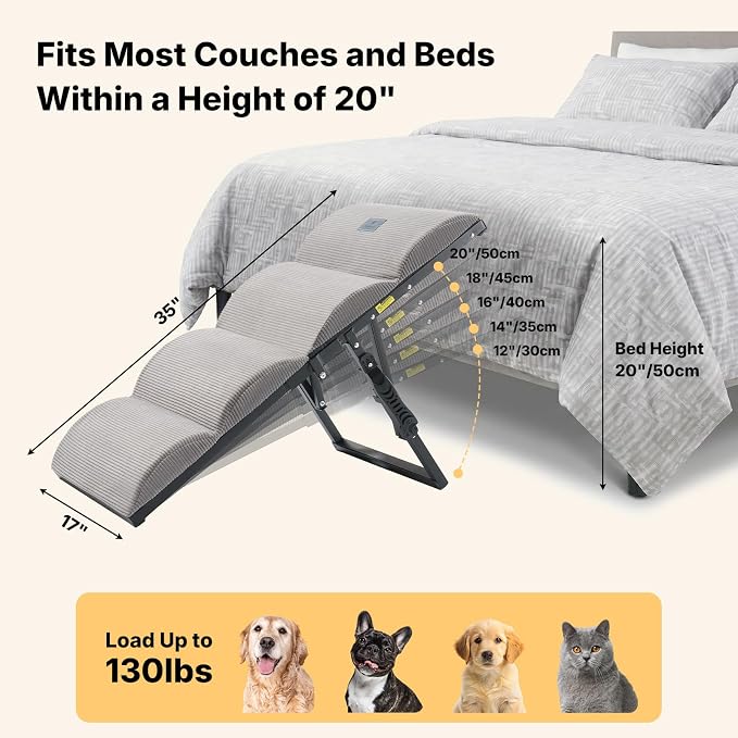 Veehoo Dog Ramp for Bed Couch for Small to Large Dog, Foldable Ramp for Dogs to Get on Bed 5 Adjustable Height from 12" to 20", Pet Cat Stairs Doggy Steps Non Slip with Metal Frame, Up to 130lbs