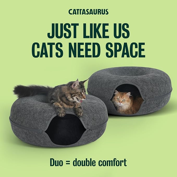 Cattasaurus Peekaboo Cat Cave Duo Jumbo Set, Extra Spacious Cat Donut for Multiple & Large Kitty 15+ lbs, Scratch Detachable Cat Beds for Indoor Cats, Washable Cat Tunnel Bed, Best Kitten Toys