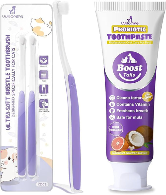 Cat Toothbrush for Kitten Teeth Cleaning + Natural Coconut Oil Cat & Dog Toothpaste