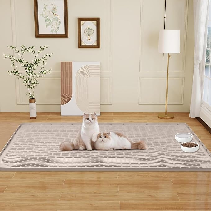 Cat Food Mat, 50" x 35" Extra Large Silicone Pet Feeding Mat with Raised Edge Pet Placemat for Food and Water Bowl Non-Slip, Easy to Clean, Floor Protection (Khaki)